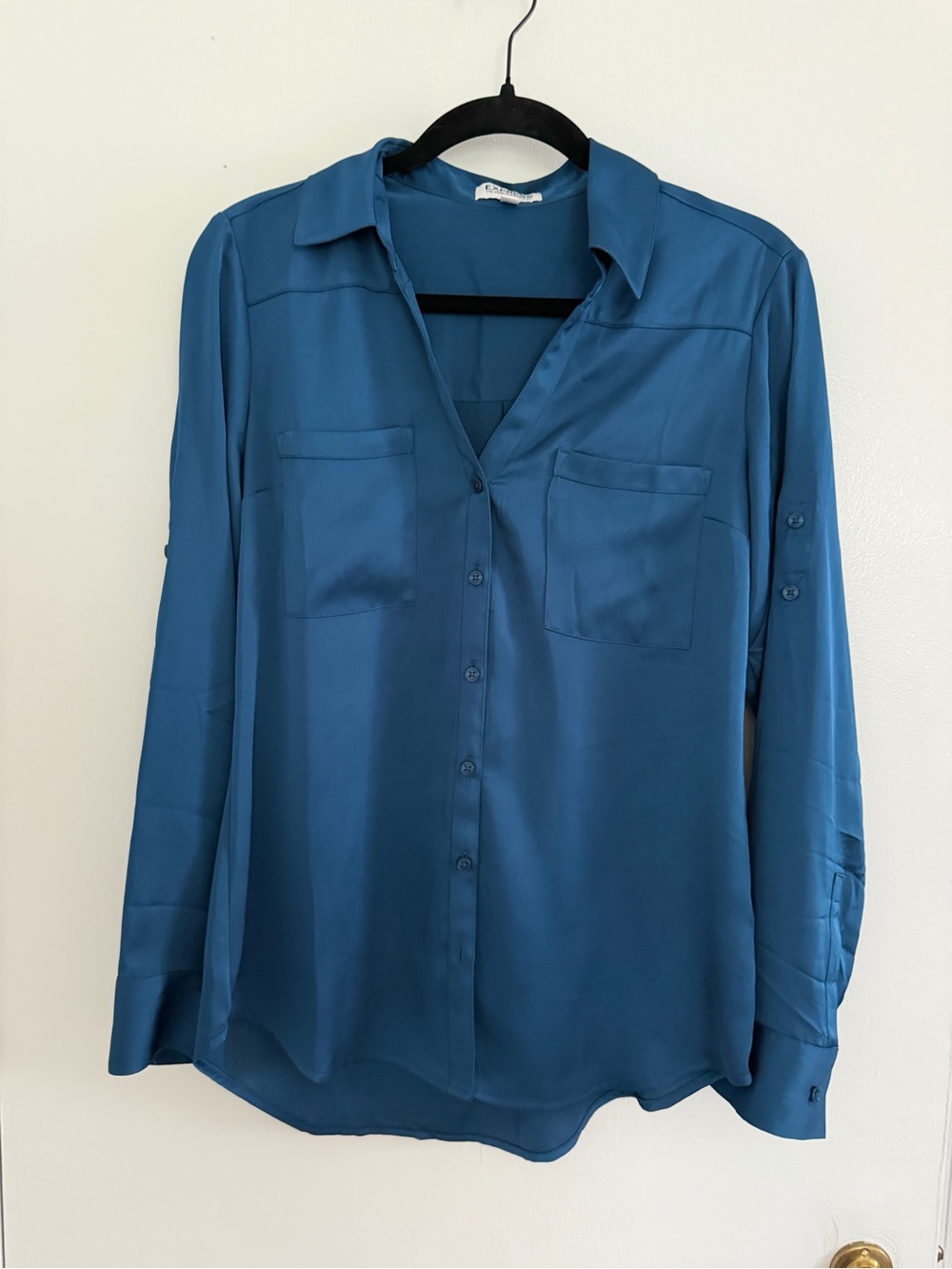 Express Button-Front Blue Long-Sleeve Portofino Blouse Shirt Slim Fit